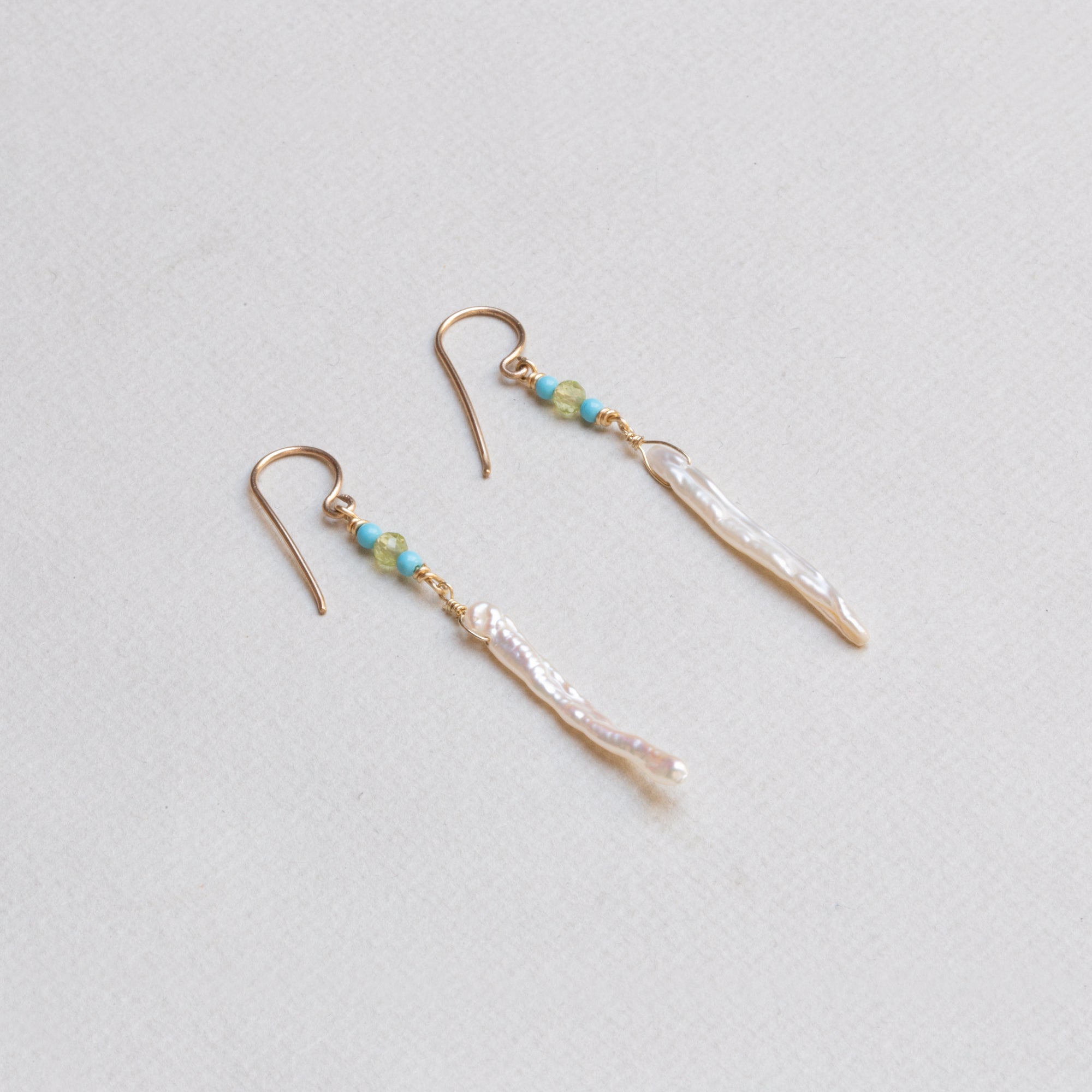 Peridot, Turquoise & Stick Pearls Drop Earrings