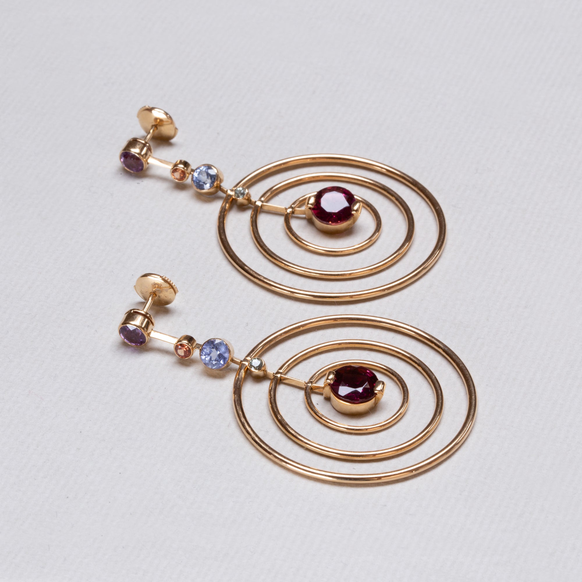 18ct Gold Drop Studs with Amethyst, Tourmaline and Garnet