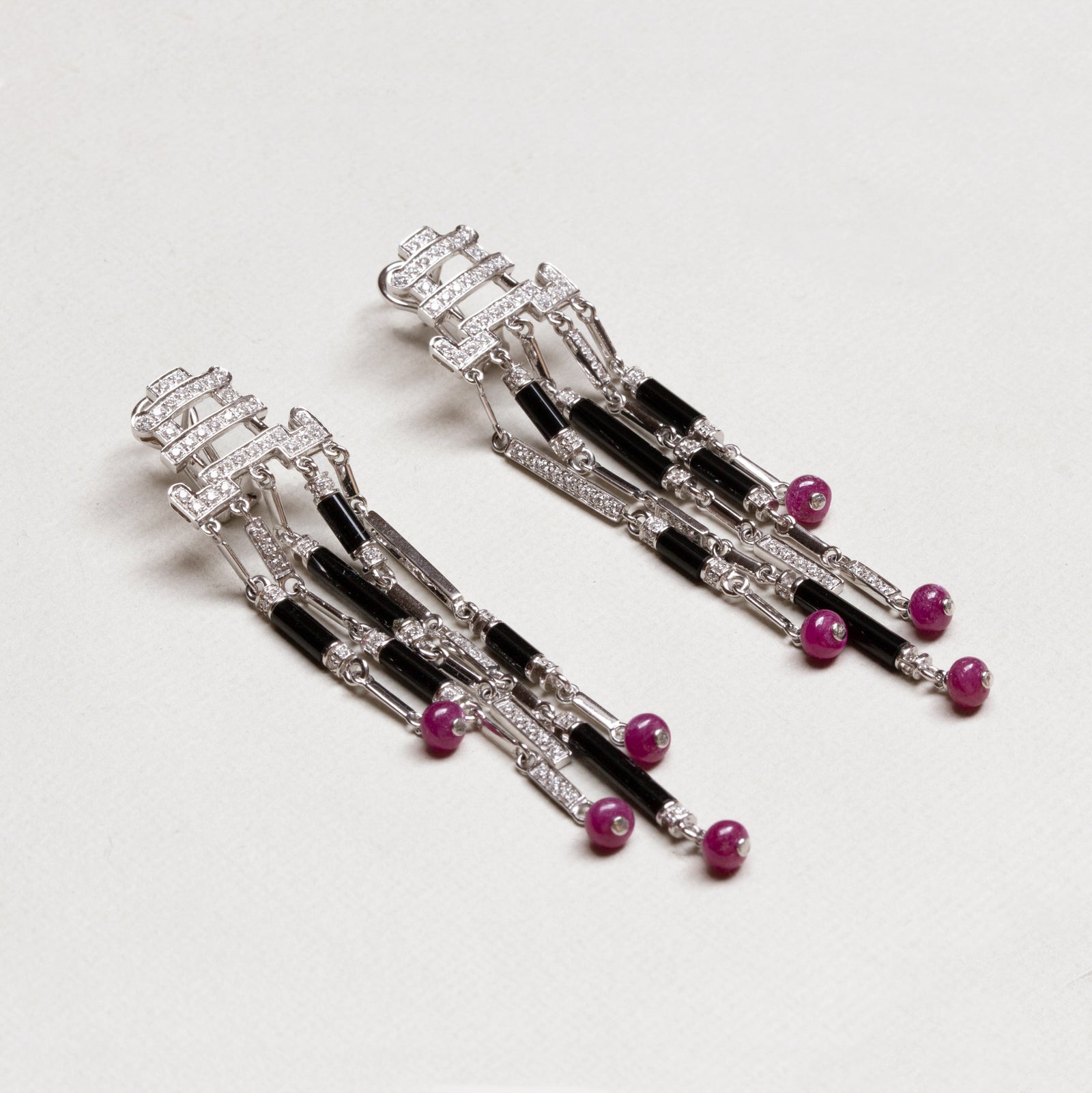Art Deco Style Diamond, Onyx & Ruby Drop Earrings
