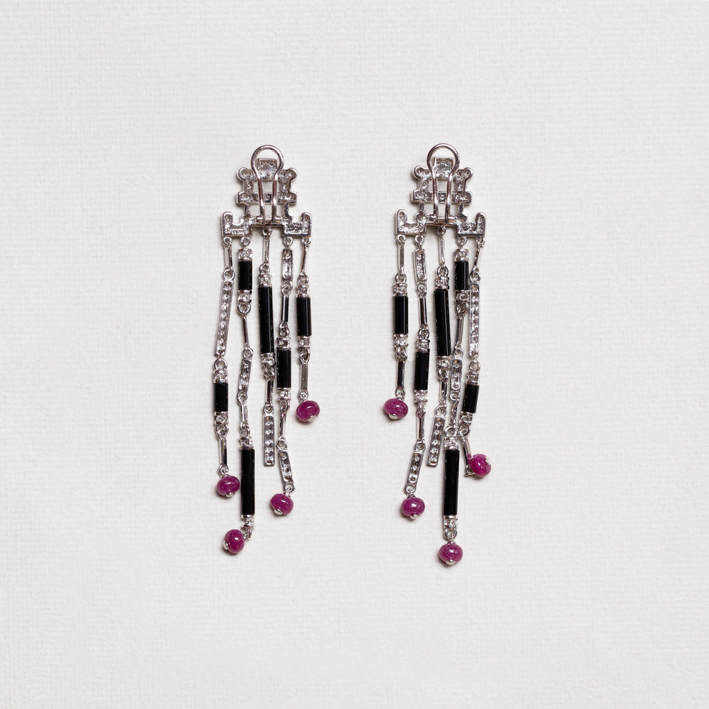 Art Deco Style Diamond, Onyx & Ruby Drop Earrings