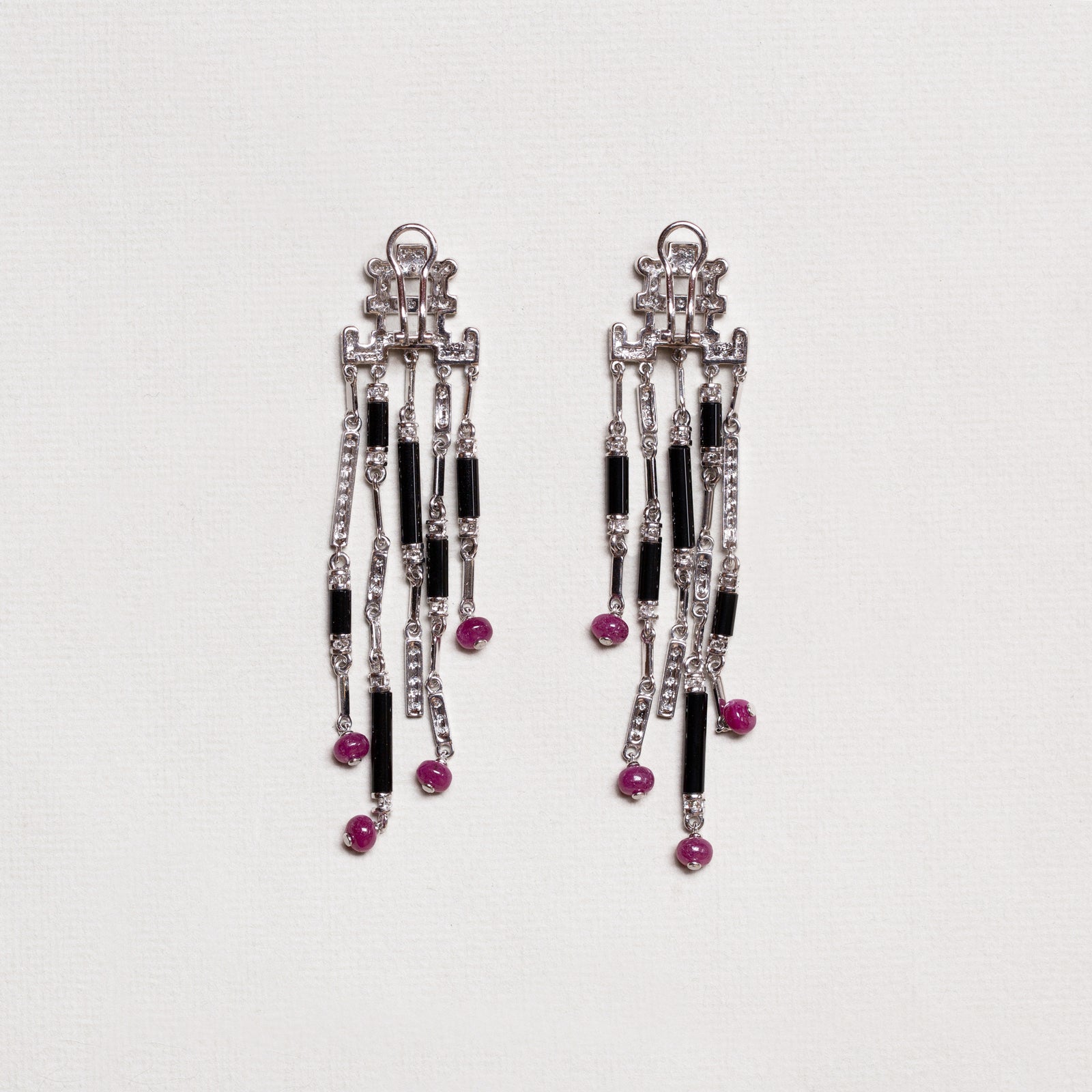 Art Deco Style Diamond, Onyx & Ruby Drop Earrings