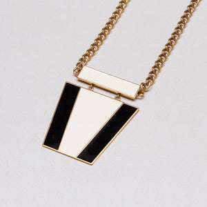 Vintage Monochrome Enamel Pendant Necklace with Gold Chain