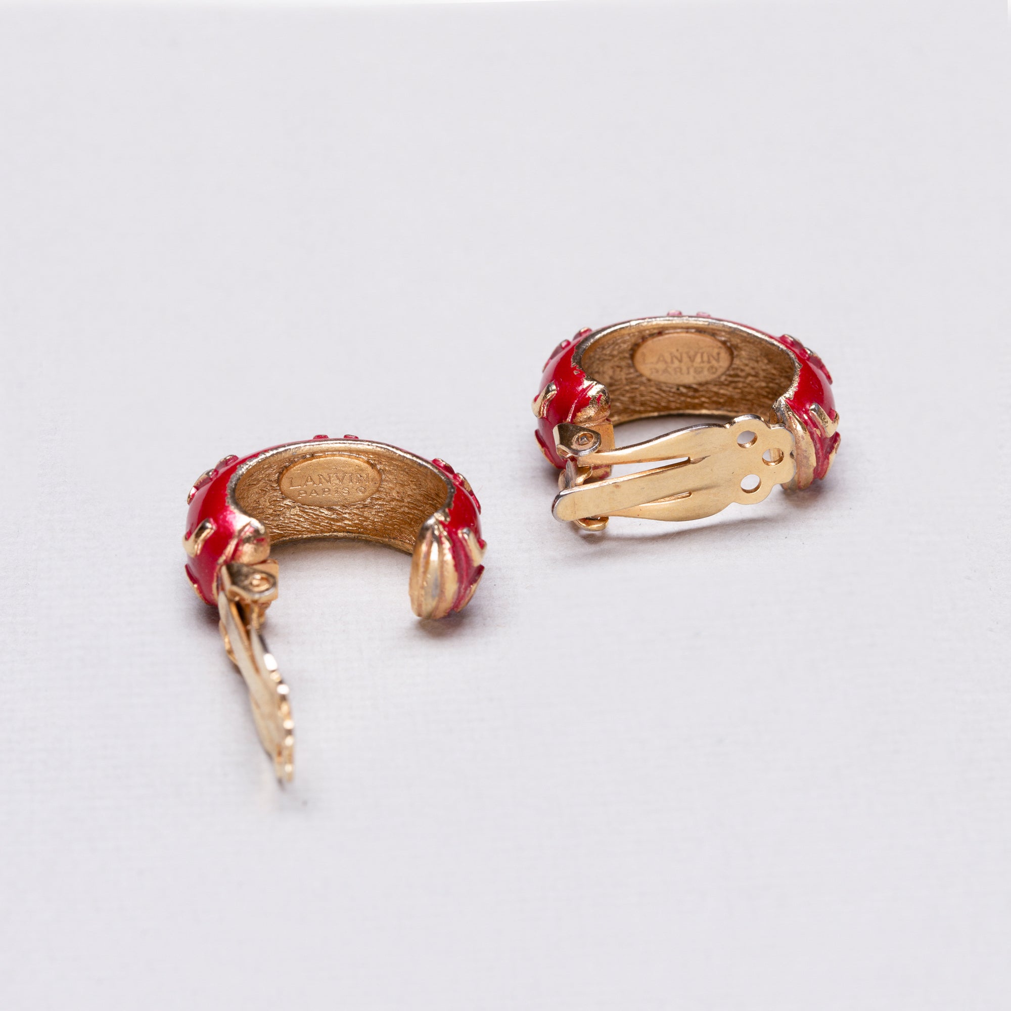 Vintage Lanvin Red Enamel and Gold Clip-on Earrings