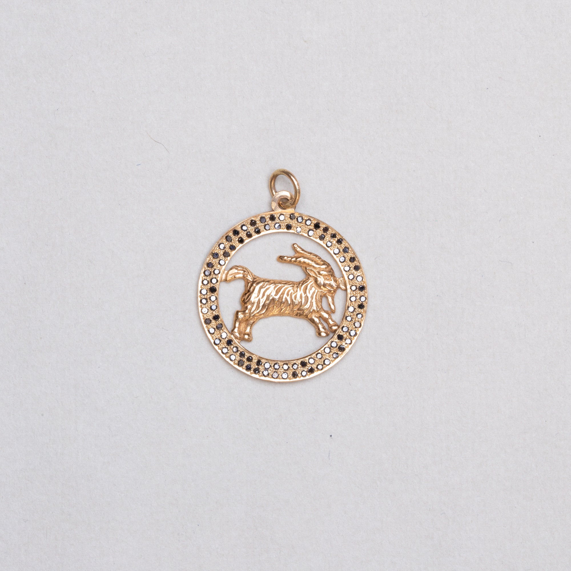 Vintage 9ct Gold Aries Pendant Charm with Black Diamonds