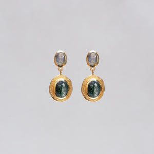 Gold Labradorite and Moss Agate Drop Stud Earrings