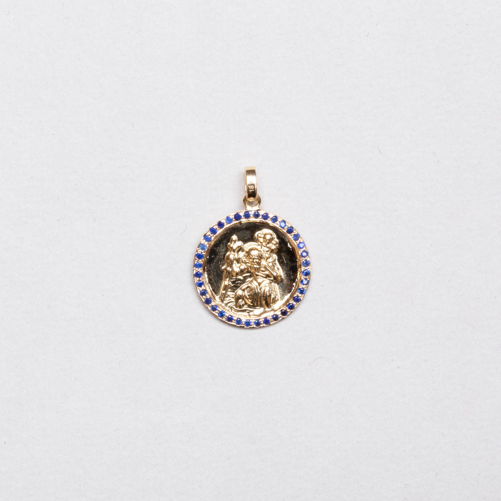 18ct Gold St. Christopher Pendant Charm with Blue Sapphire