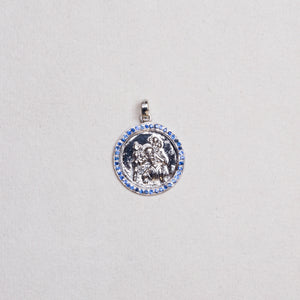 Silver St. Christopher Pendant Charm with Blue Sapphires