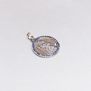 Silver St. Christopher Pendant Charm with Blue Sapphires