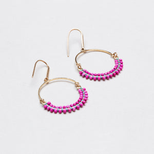 Vintage Cesaria Beaded Drop Hoop Earrings in Fuchsia