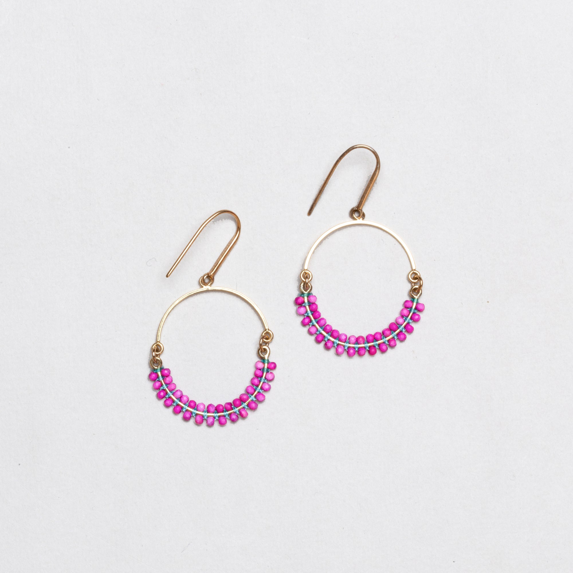 Vintage Cesaria Beaded Drop Hoop Earrings in Fuchsia