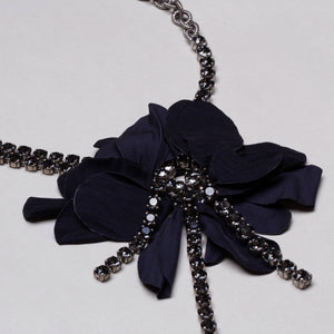 Vintage Lanvin Fabric Flower Chain Necklace with Crystals