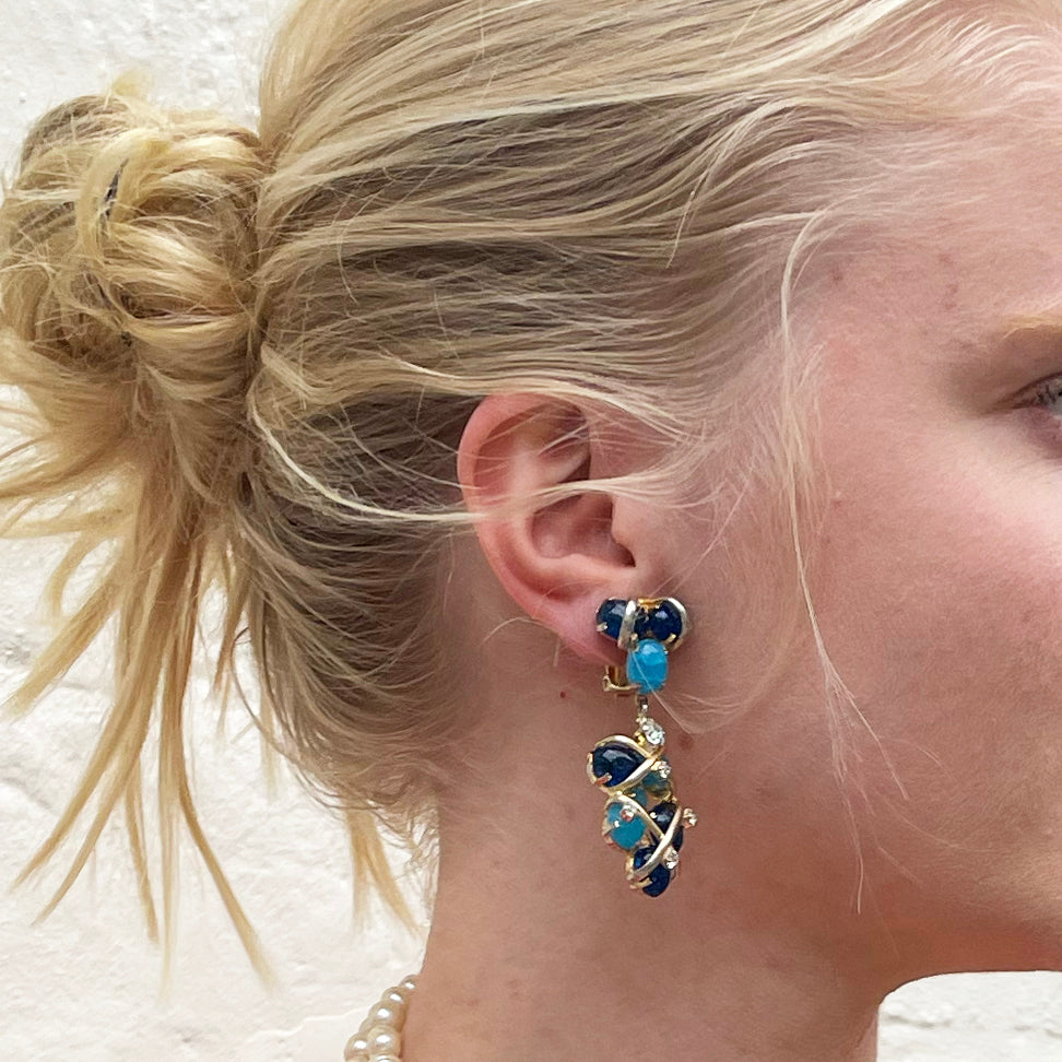 Vintage Dior Blue Cabochon Drop Clip-On Earrings