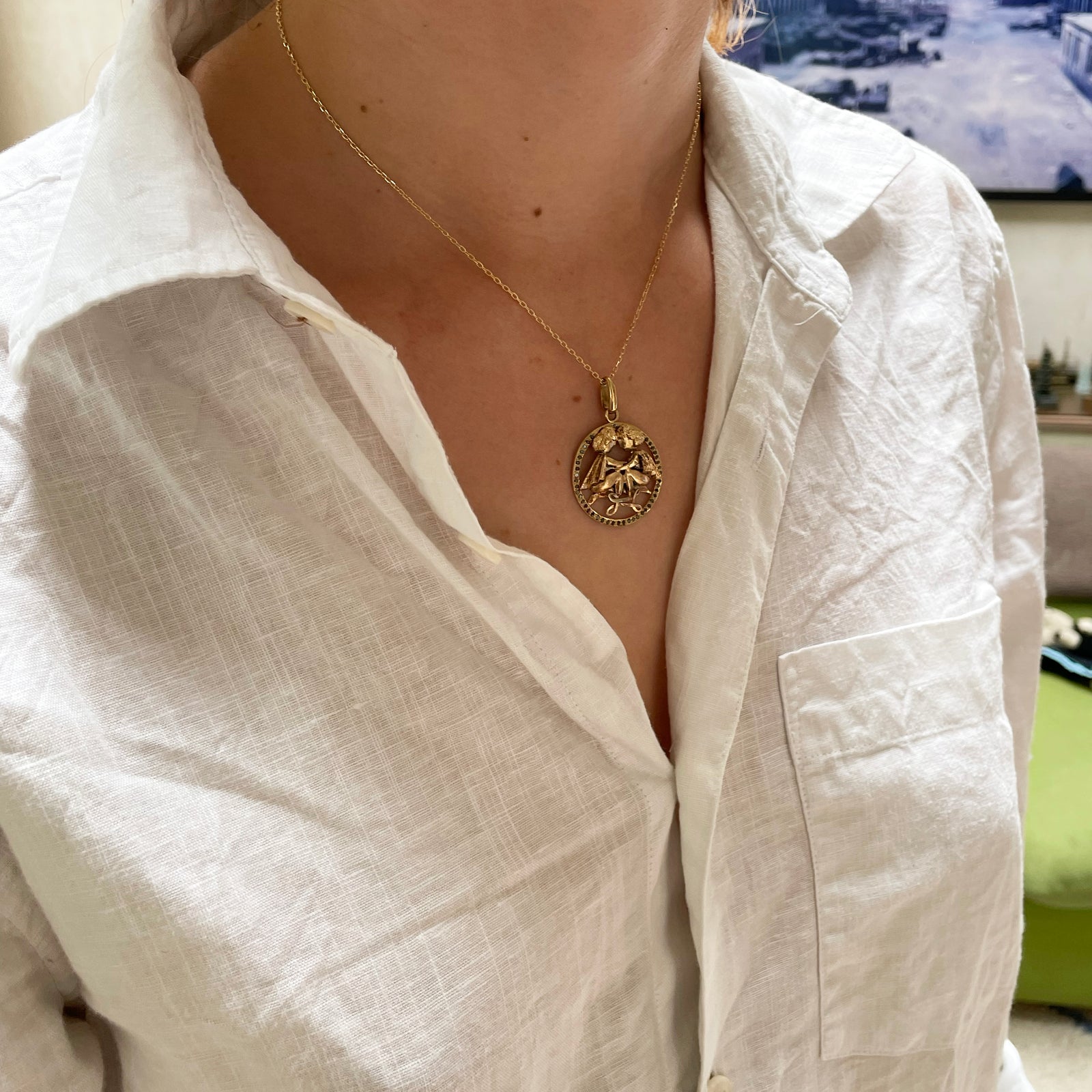 Vintage 9ct Gold Gemini Pendant Charm with Black Diamonds