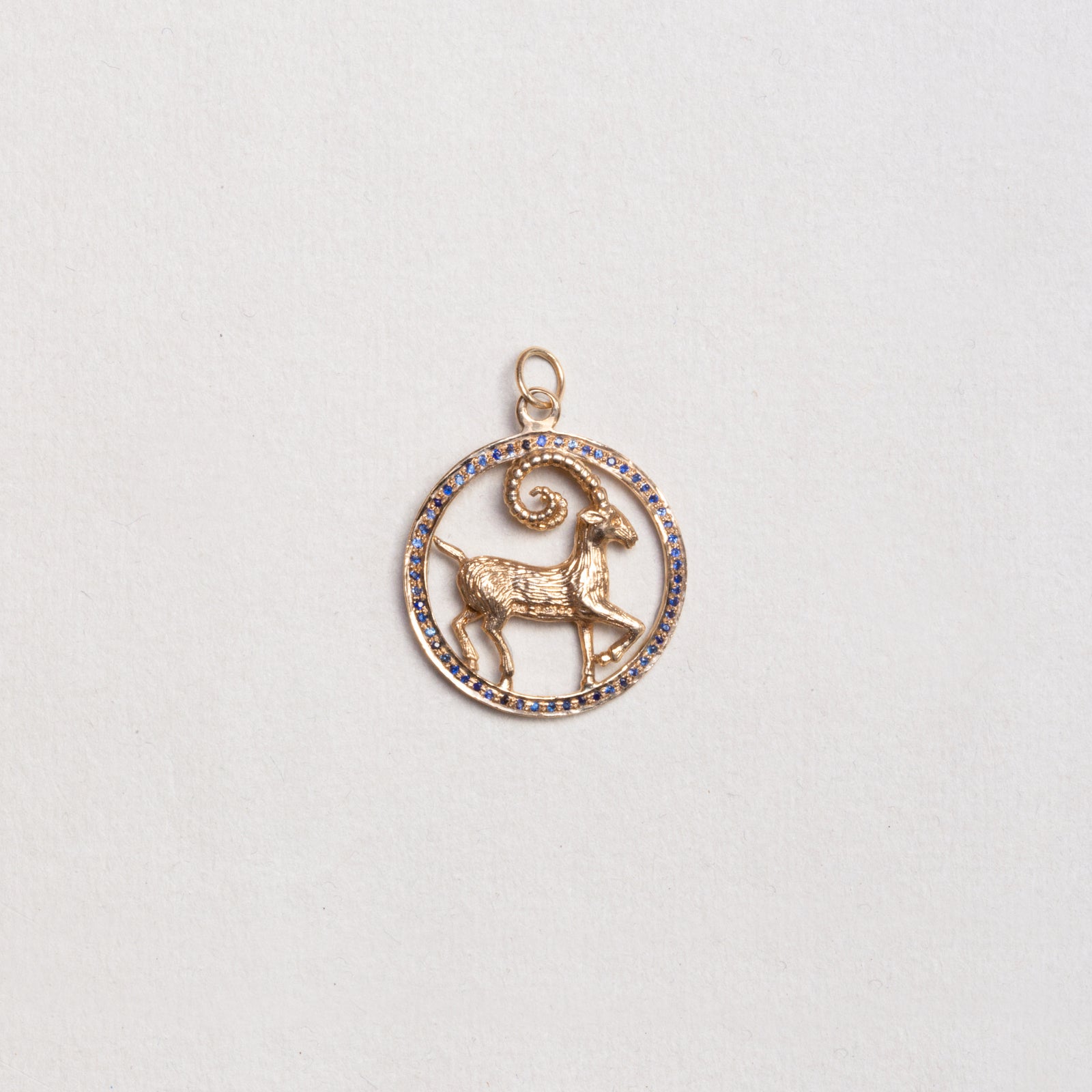 Vintage Gold Aries Pendant Charm with Blue Sapphires