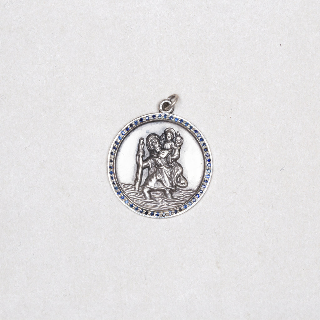 Vintage Silver St. Christopher Charm Pendant with Sapphires #7