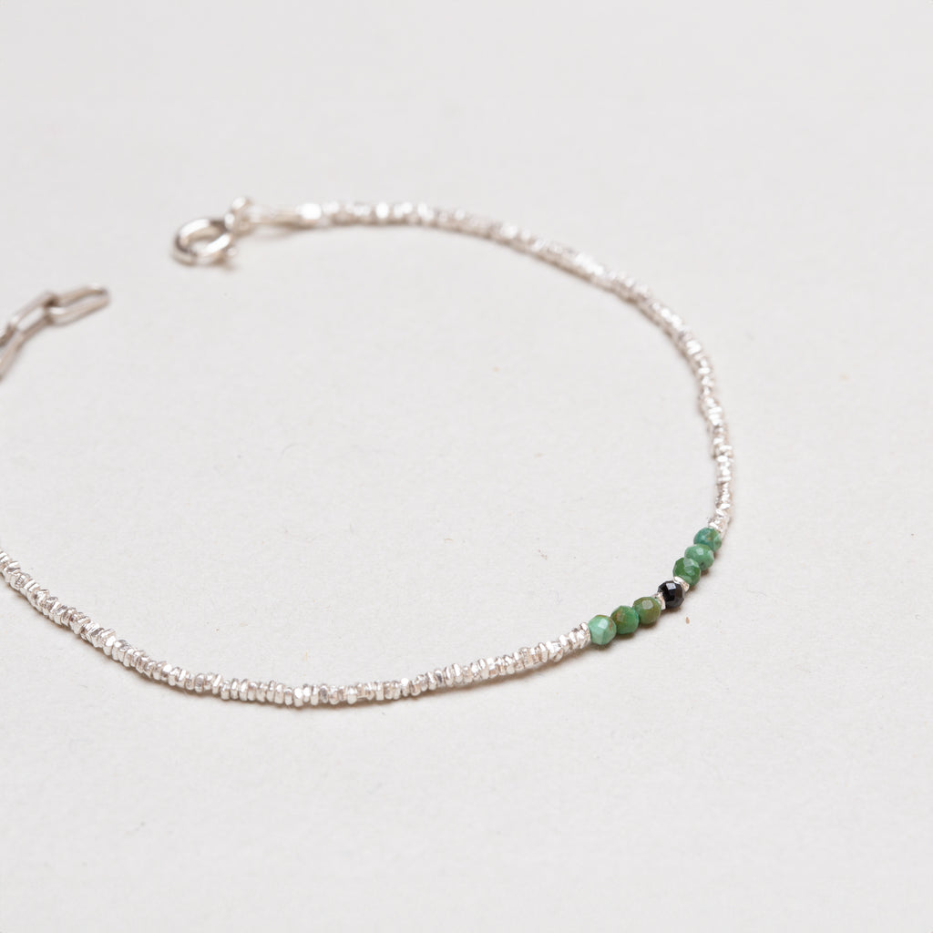 Silver Beads Bracelet with Green and Black Gemstone