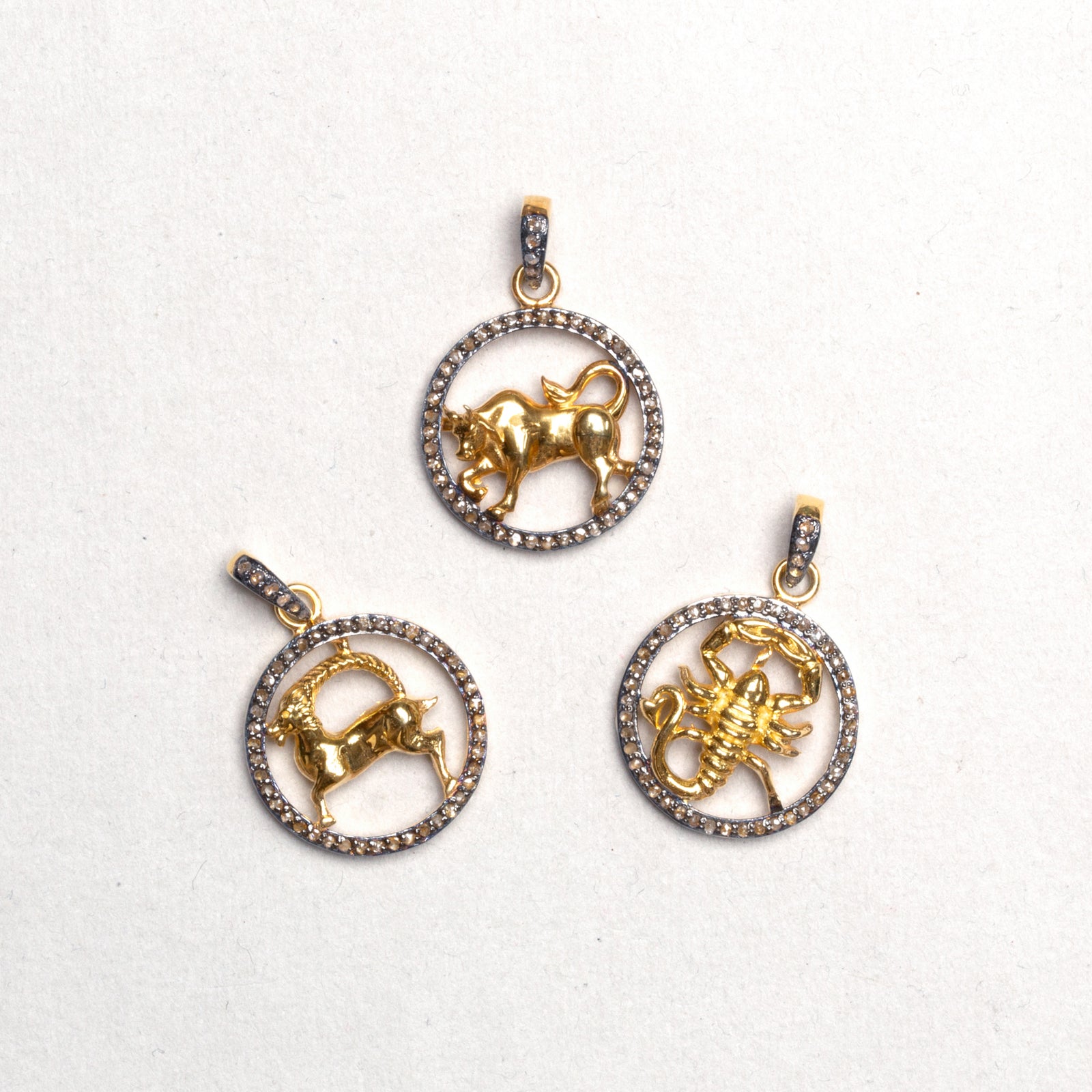 Gold Plated Zodiac Charm Pendant with Diamonds and Oxidised Silver