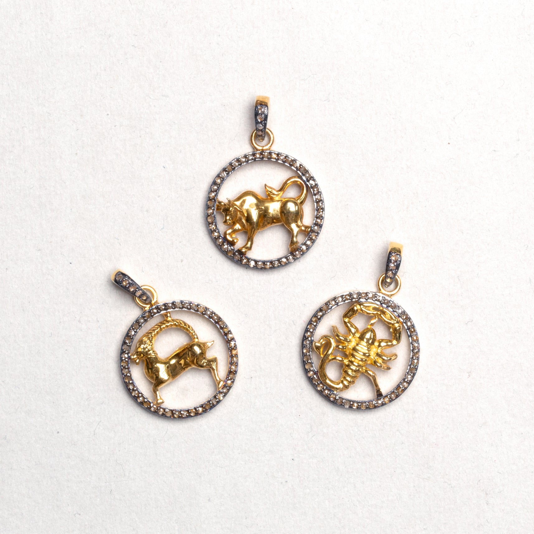 18ct Gold Zodiac Charm Pendant with Diamonds and Oxidised Silver