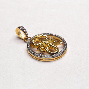 Gold Plated Zodiac Charm Pendant with Diamonds and Oxidised Silver