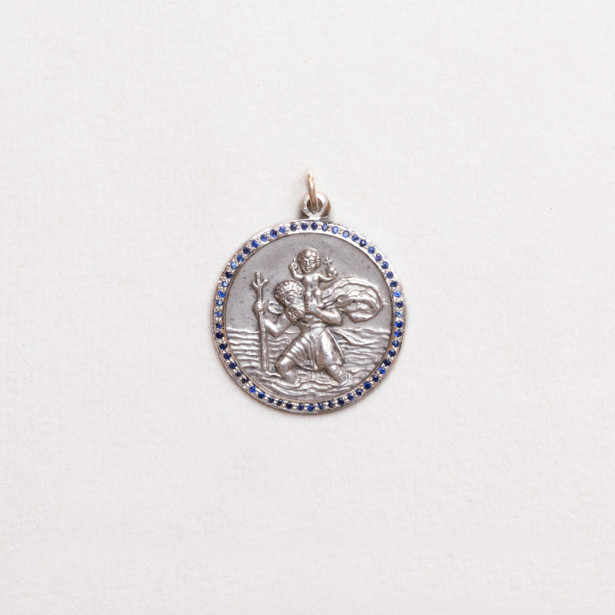 Vintage Sterling Silver St. Christopher Charm Pendant with Sapphires