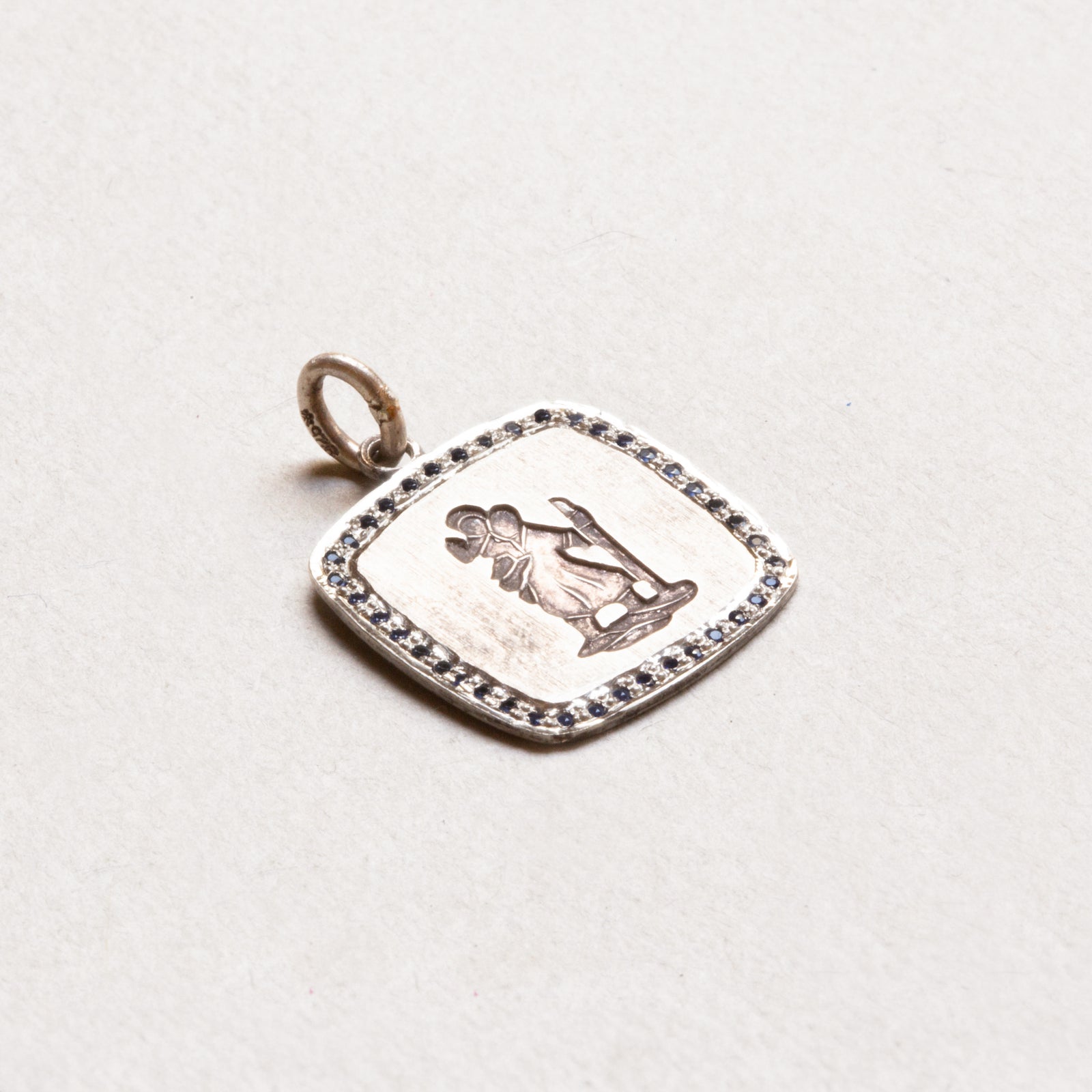 Vintage Sterling Silver St. Christopher Square Charm Pendant with Sapphires