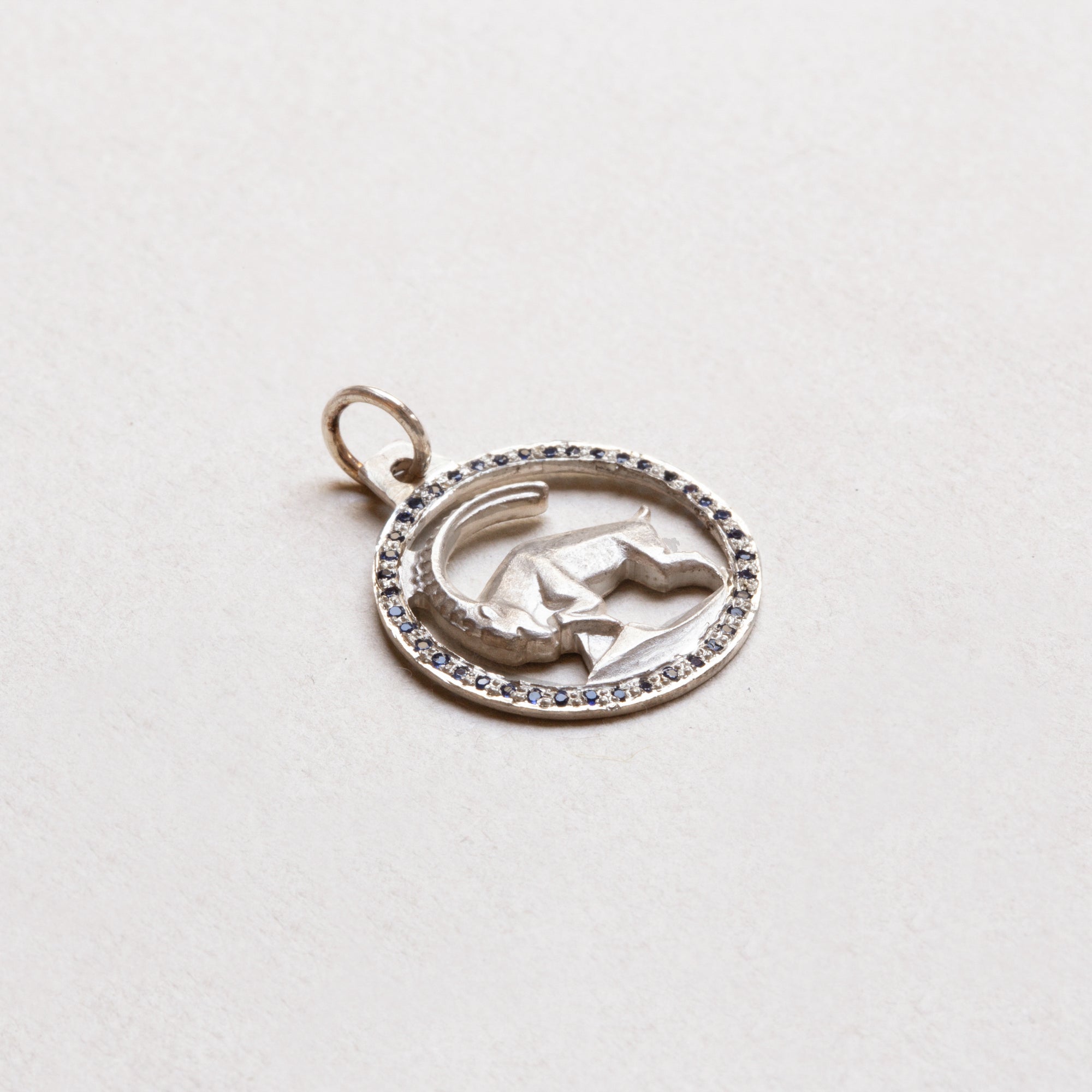 Vintage Sterling Silver Capricorn Pendant Charm with Sapphires