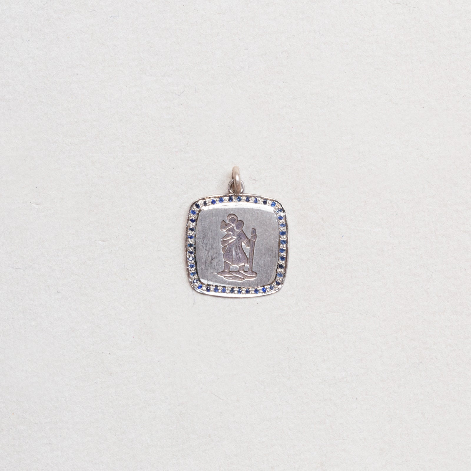 Vintage Sterling Silver St. Christopher Square Charm Pendant with Sapphires