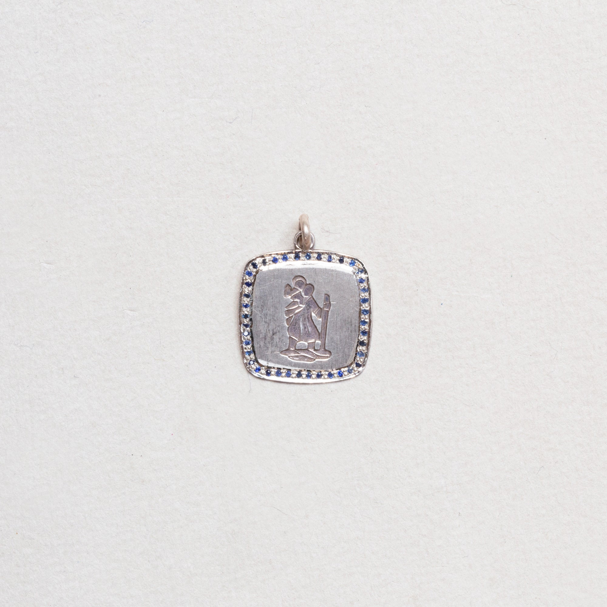Vintage Sterling Silver St. Christopher Square Charm Pendant with Sapphires