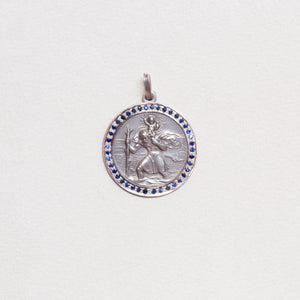 Vintage Sterling Silver St. Christopher Charm Pendant with Sapphires