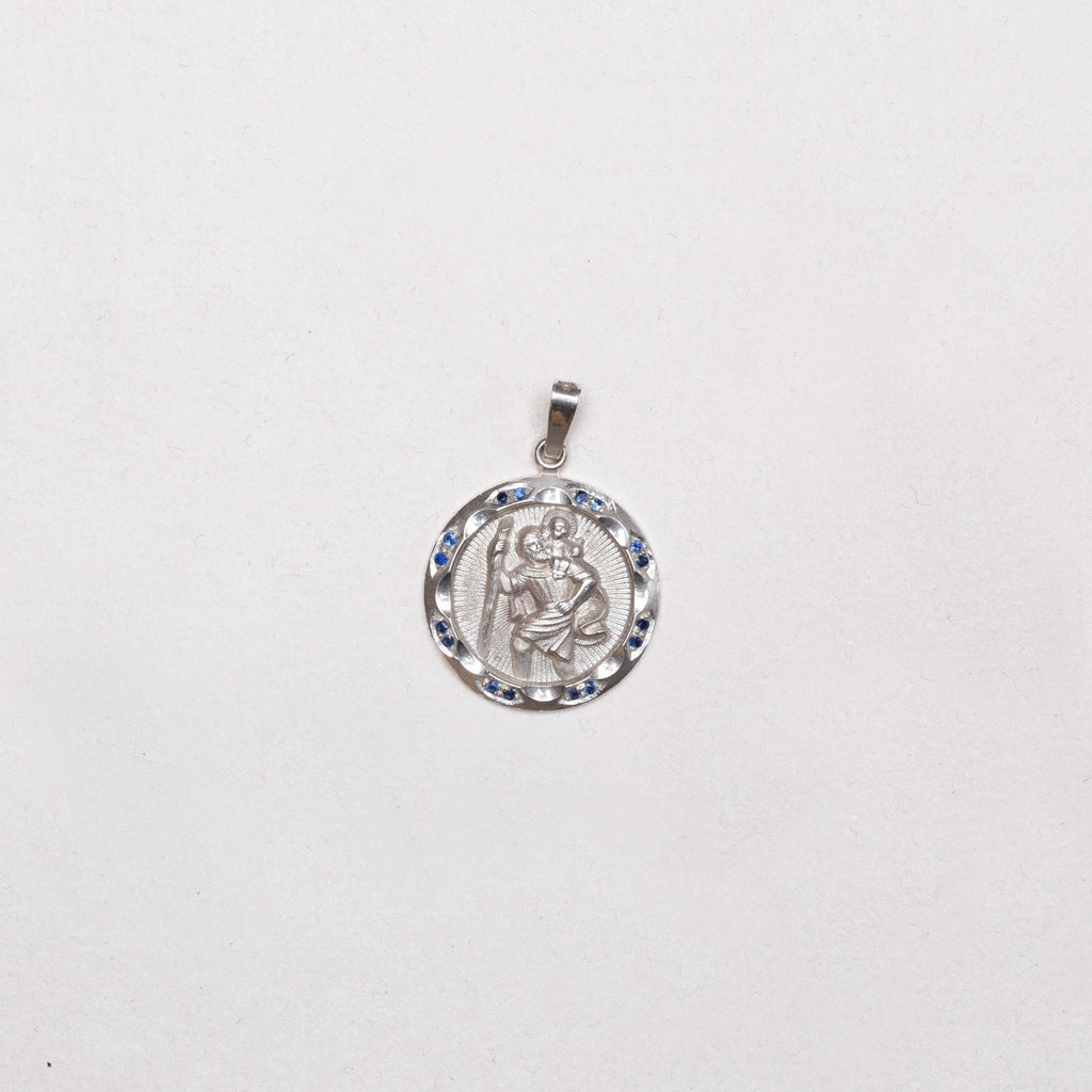 Rare Vintage Sterling Silver St. Christopher Charm Pendant with Sapphires