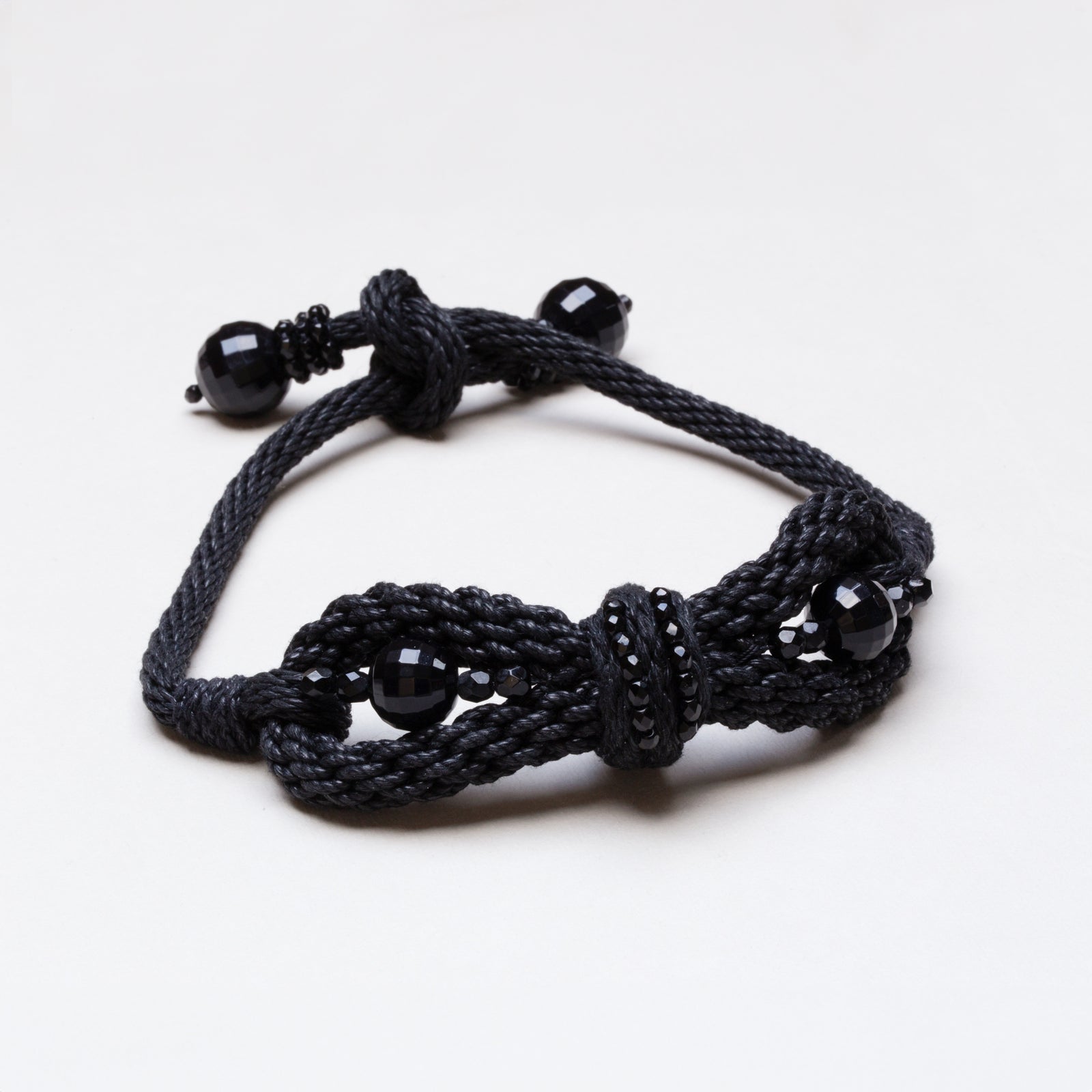 Vintage YSL Black Braided Cord Necklace with Faceted Beads