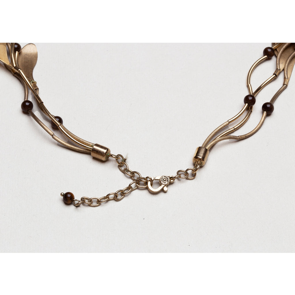 Vintage Monet Layered Brass Leaf Necklace with Brown Beads
