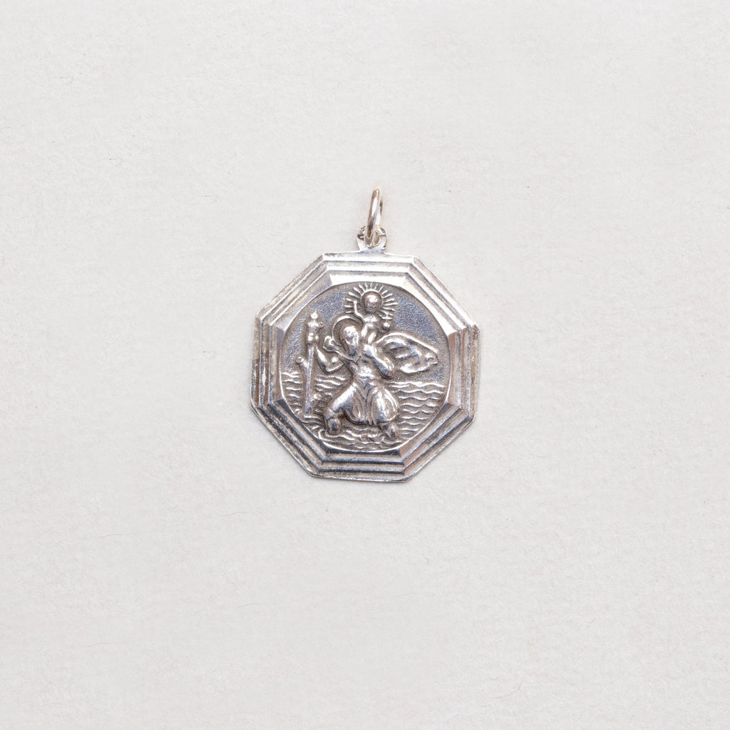 Rare Vintage Sterling Silver St. Christopher Octagonal Charm Pendant