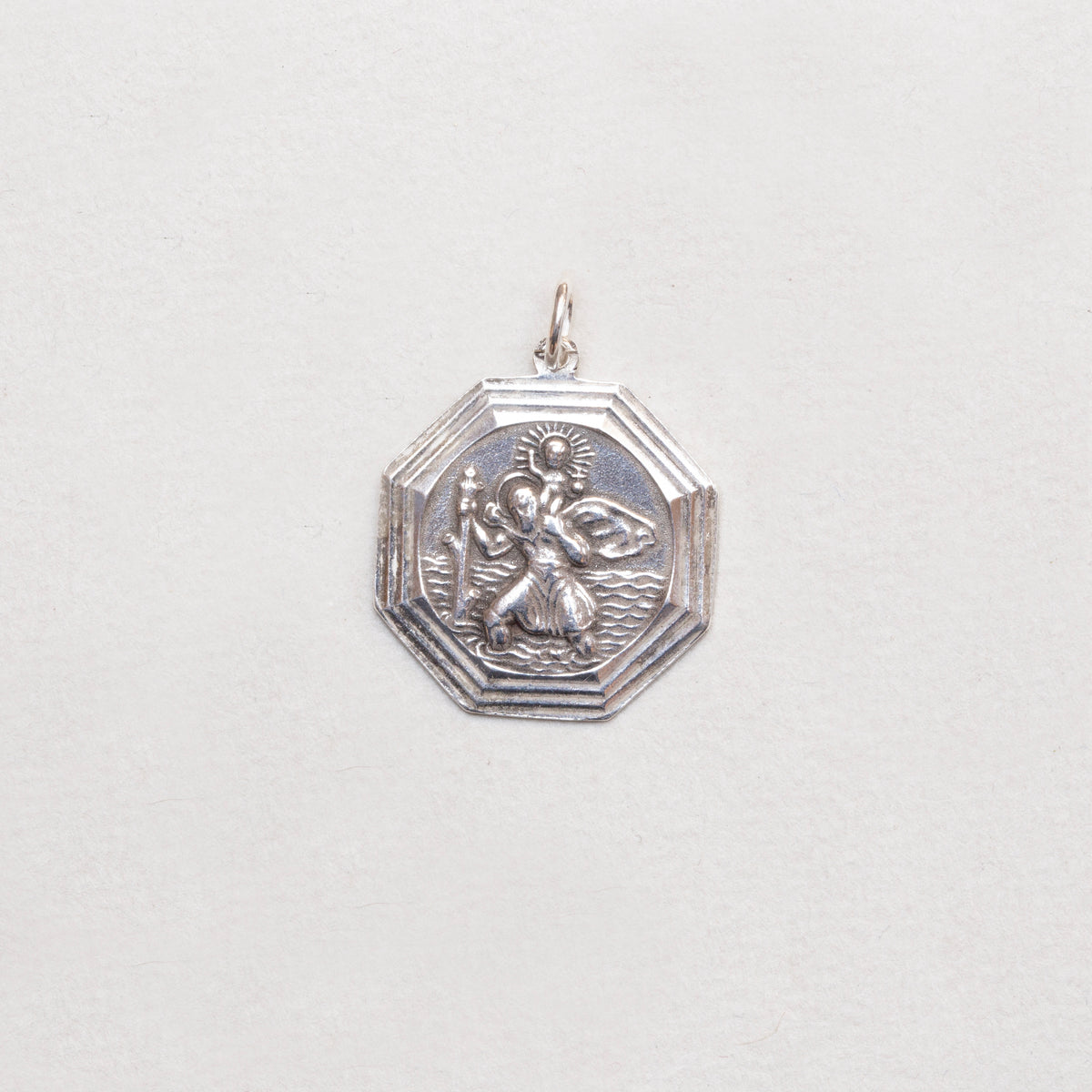 Rare Vintage Sterling Silver St. Christopher Octagonal Charm Pendant