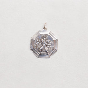 Rare Vintage Sterling Silver St. Christopher Octagonal Charm Pendant