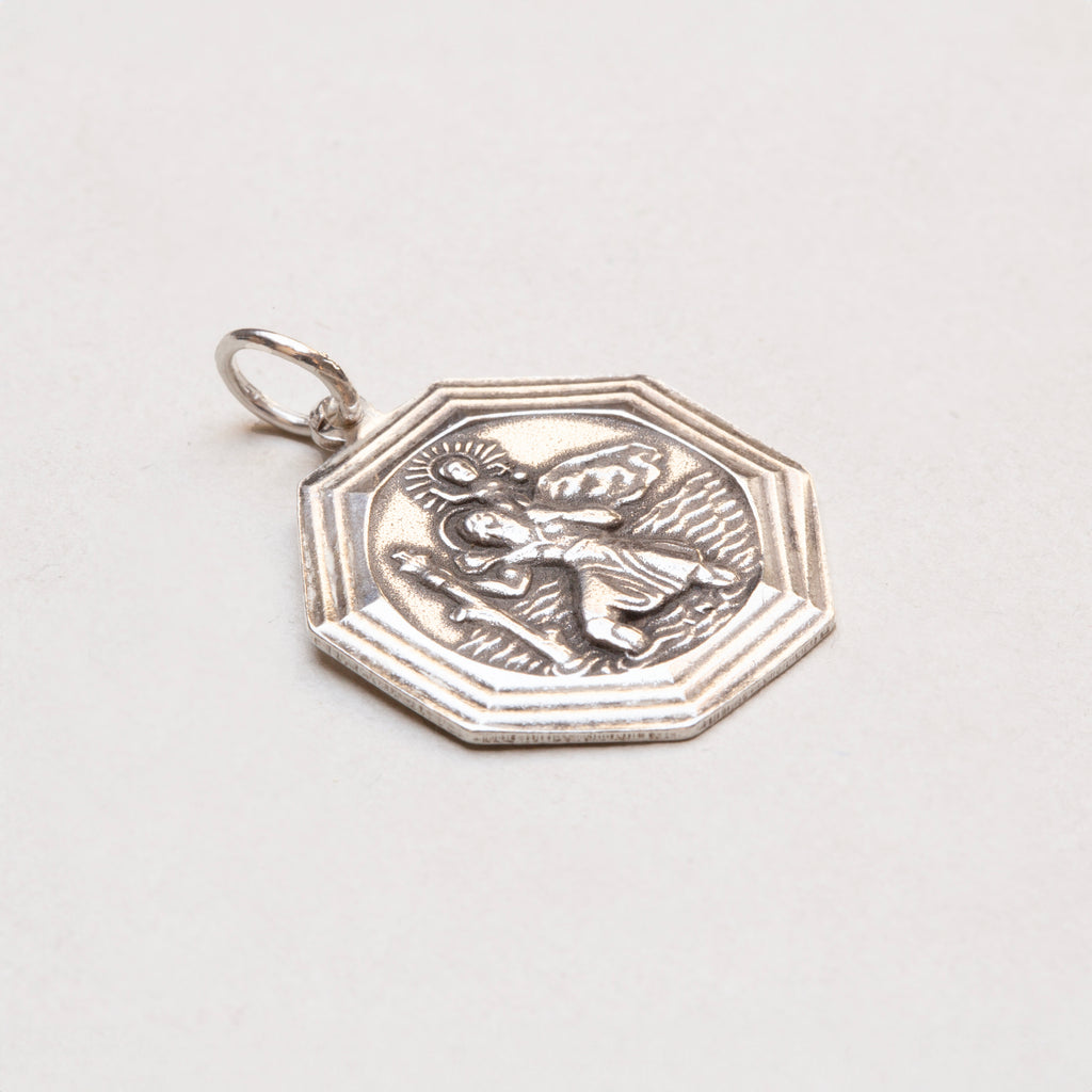 Rare Vintage Sterling Silver St. Christopher Octagonal Charm Pendant