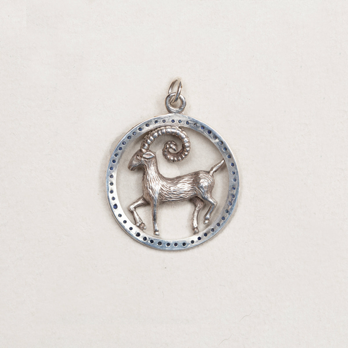Vintage Silver Aries Pendant Charm with Sapphires