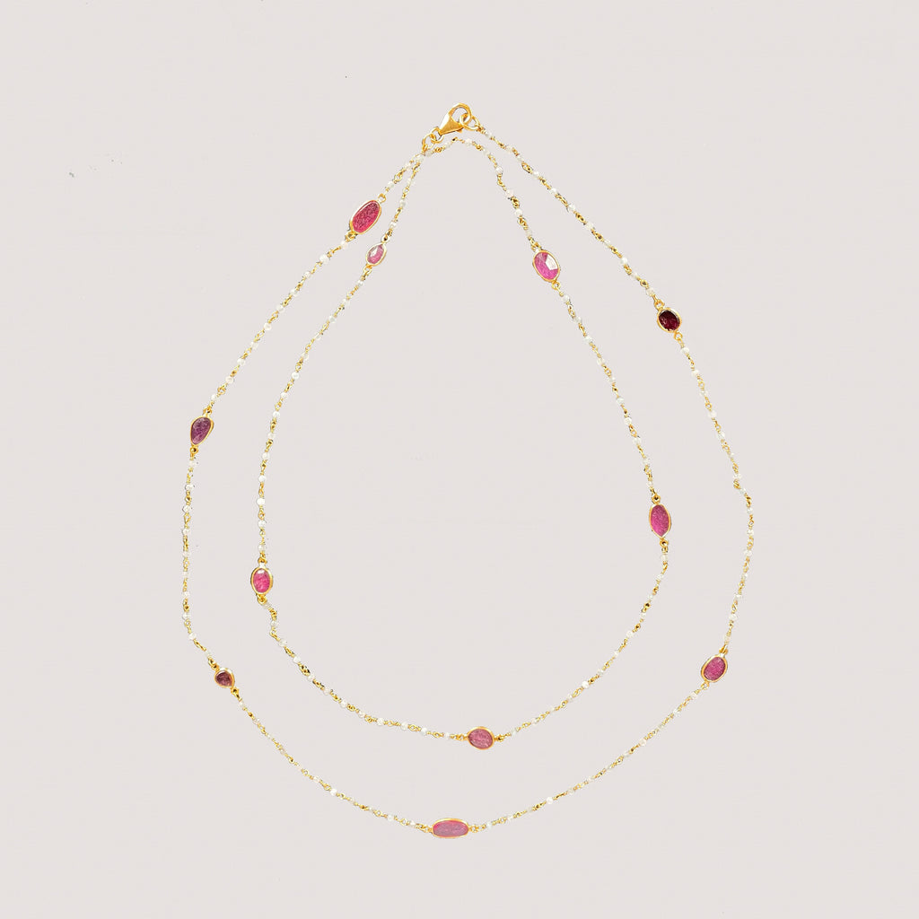 Long Chain Necklace with Beads and Pink Tourmaline