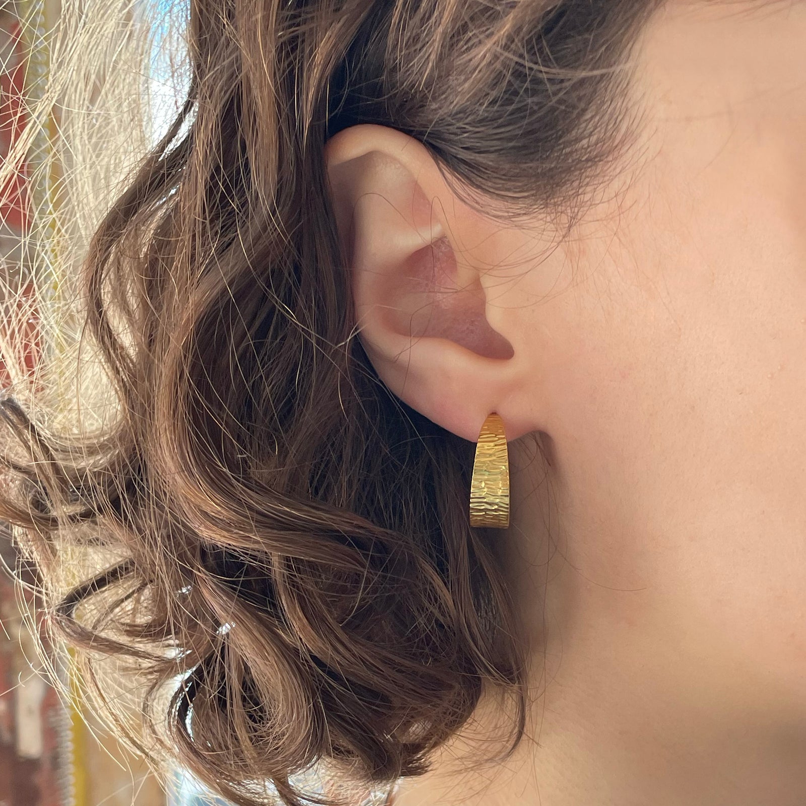 Textured Gold-plated Silver Open Hoop Earrings