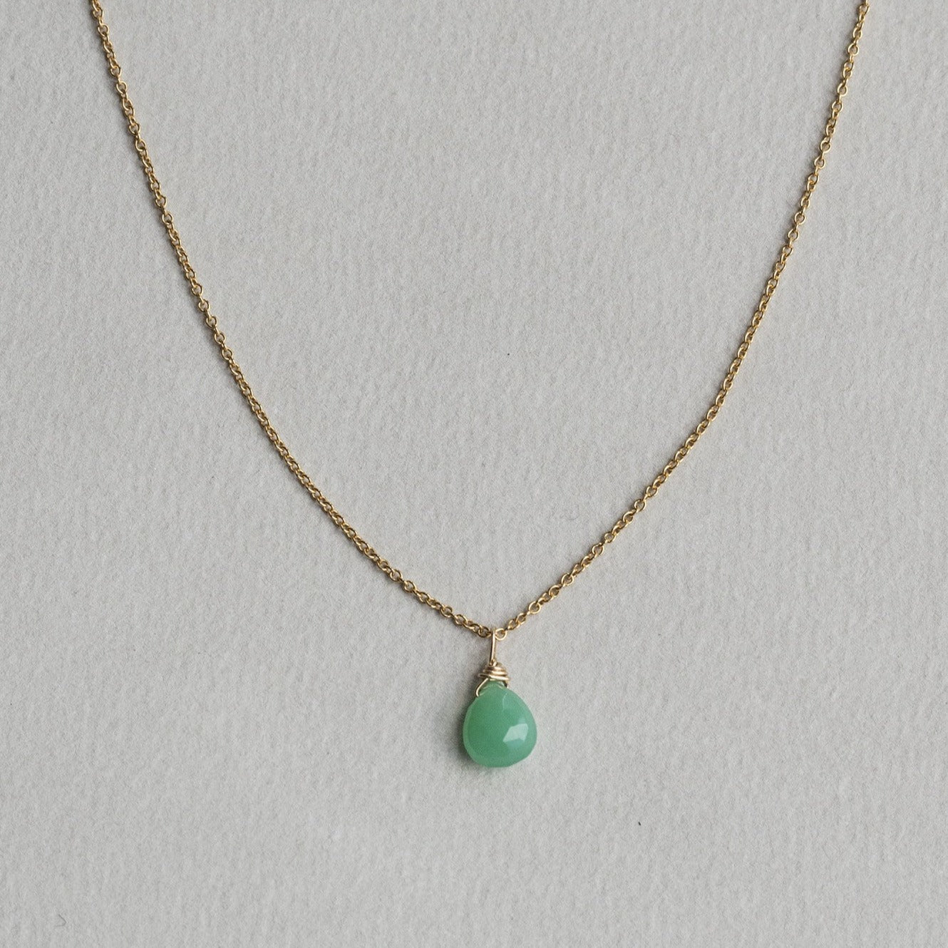 chrysoprase briolette pendant on gold filled chain