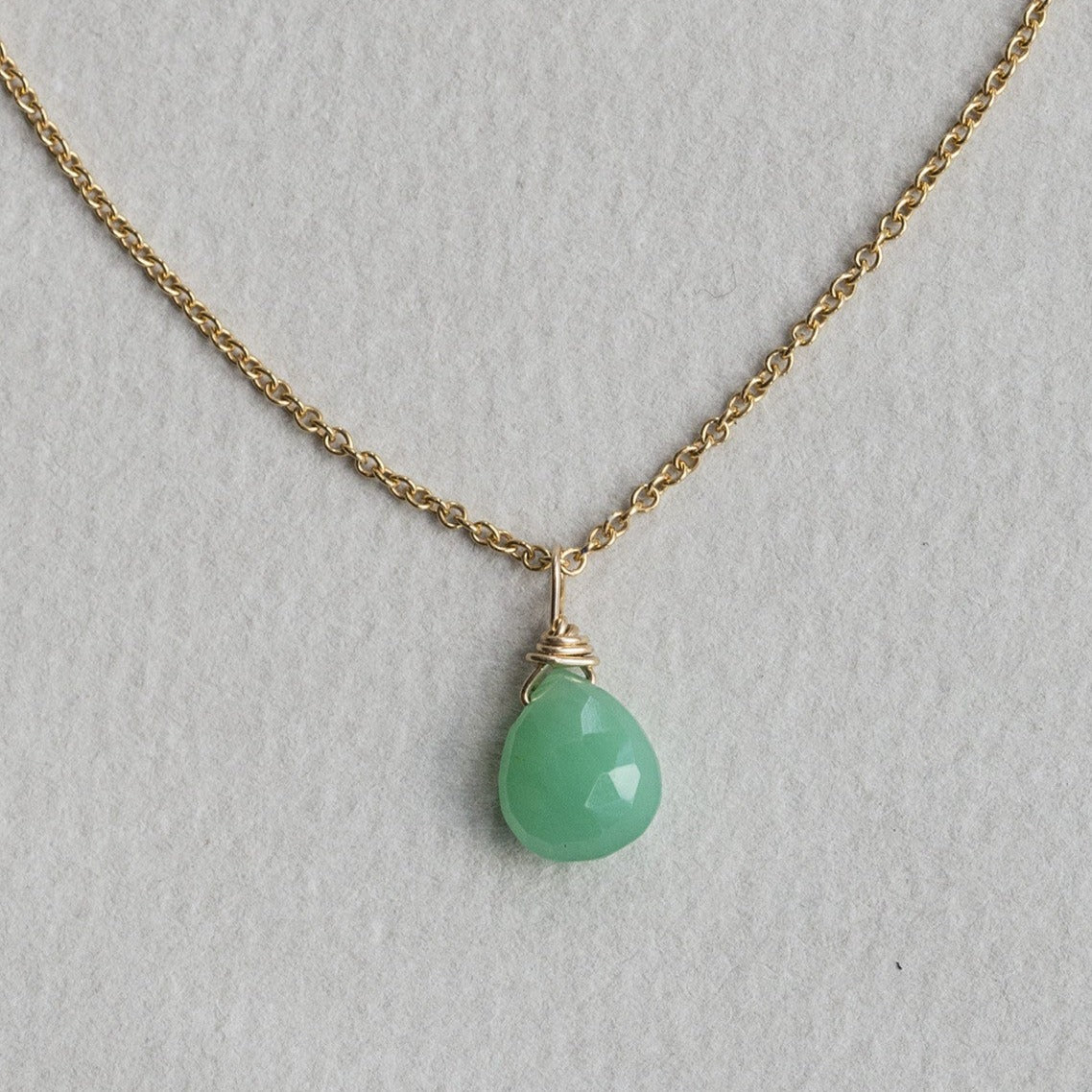 chrysoprase briolette pendant on gold filled chain