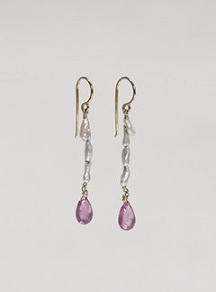 Claire van Holthe pink sapphire briolette and keshi pearls 9 carat gold drop earrings