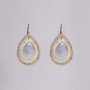 18ct Gold Drop Earrings with Diamonds and Grey Quartz