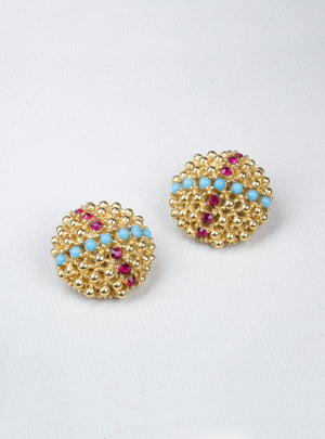 Vintage Gold Clip-on Earrings with Red Rhinestones and Blue Beads