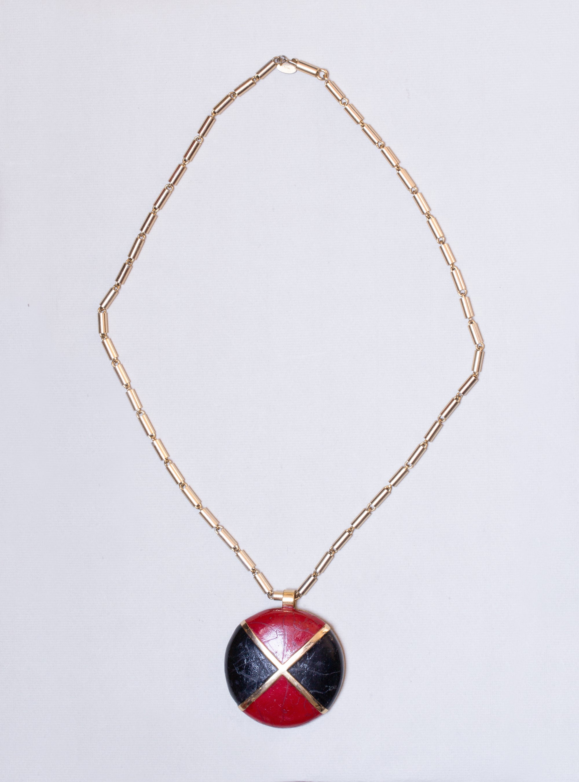 Vintage Black and Red Leather Pendant with Brass Chain