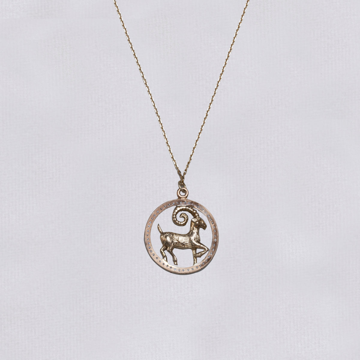 Vintage Gold Aries Pendant Charm with Diamond