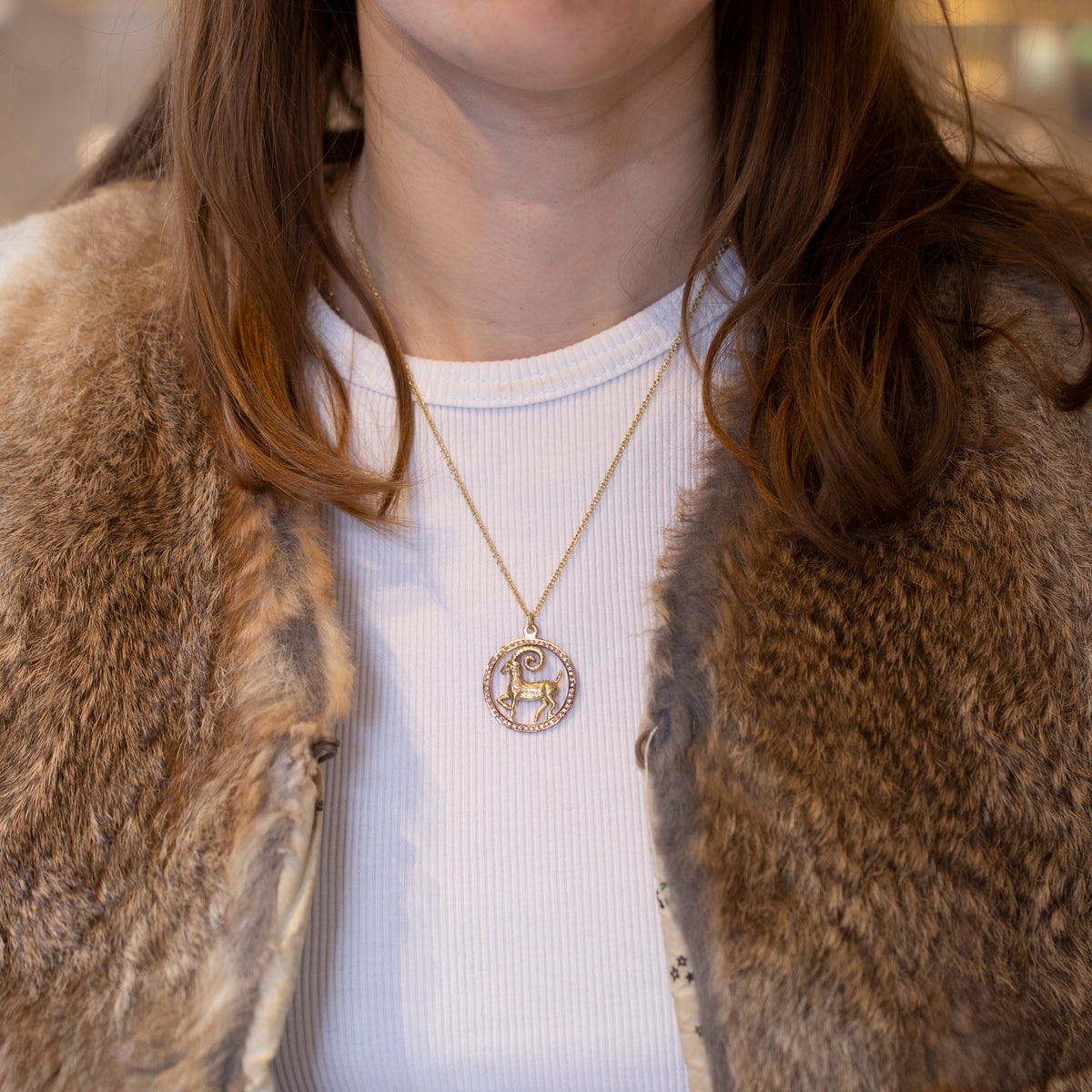 Vintage Gold Aries Pendant Charm with Diamond