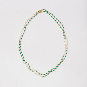 Extra Long Gold Chain Necklace with Pearl and Green Onyx