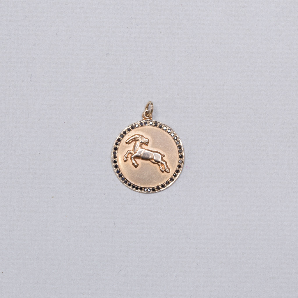 Vintage Gold Capricorn Pendant Charm with Black Diamonds