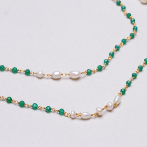 Extra Long Gold Chain Necklace with Pearl and Green Onyx